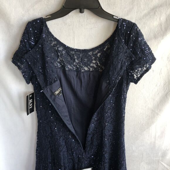 NWT SLNY Semi-Formal Navy Fluted Skirt, Short Sleeve, Midi Sequins Gown Size 6 - Picture 5 of 10